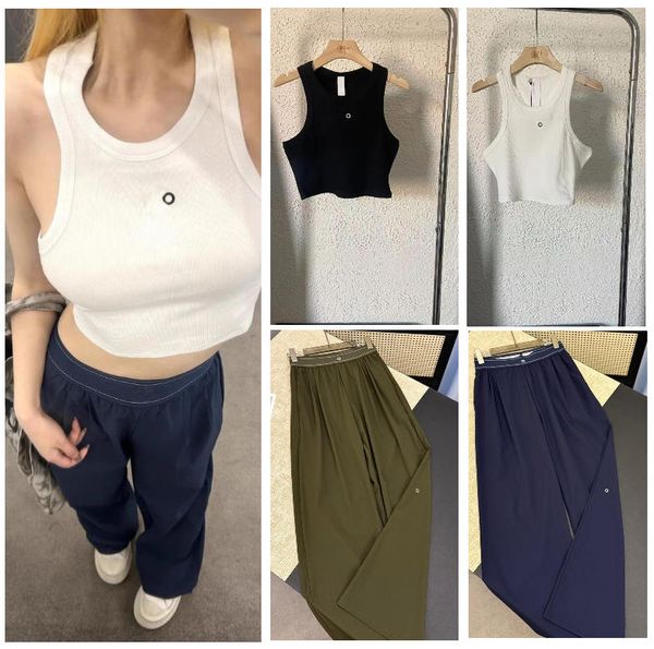 Women Ribbed Crop Tank Top Knit Embroidery Letter Sleeveless U Neck Casual Sports Vest For Yoga Fitness Daily Summer Outfit