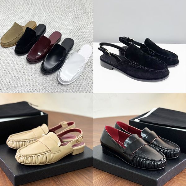 Top Quality Loafers Women Designer Dress Shoes Crinkled Slingback Mules Suede Flat Pumps Leather Heels Sandals Backless Loafer Slides Casual Slipper 1044