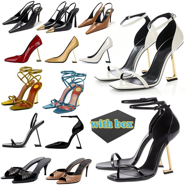 with box designer dress shoes Patent Leather Ankle Strap High Heels popular Sandals for Women Square Open Toe comfort Party Wedding Stiletto gold white